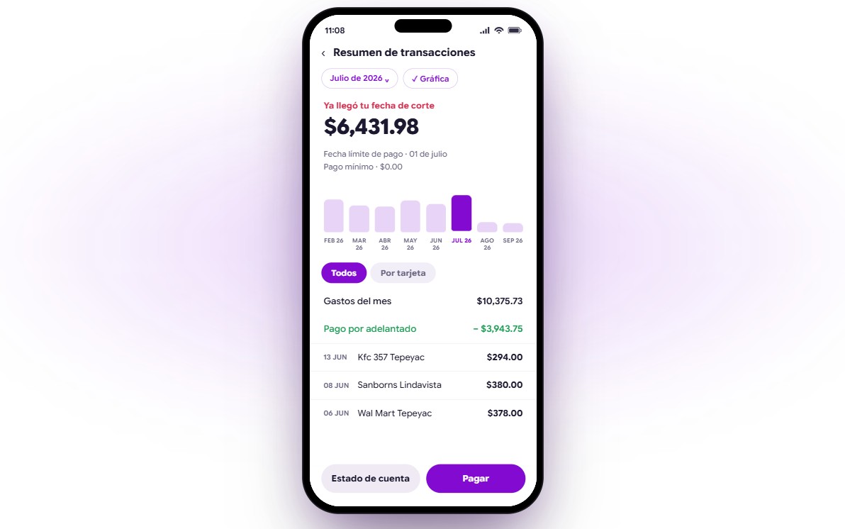 Redesigned bill summary screen of the Nubank Mexico app on a phone